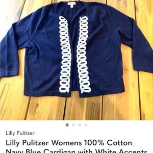 Lilly Pulitzer Womens 100% Cotton Navy Blue Cardigan with White Accents Size L